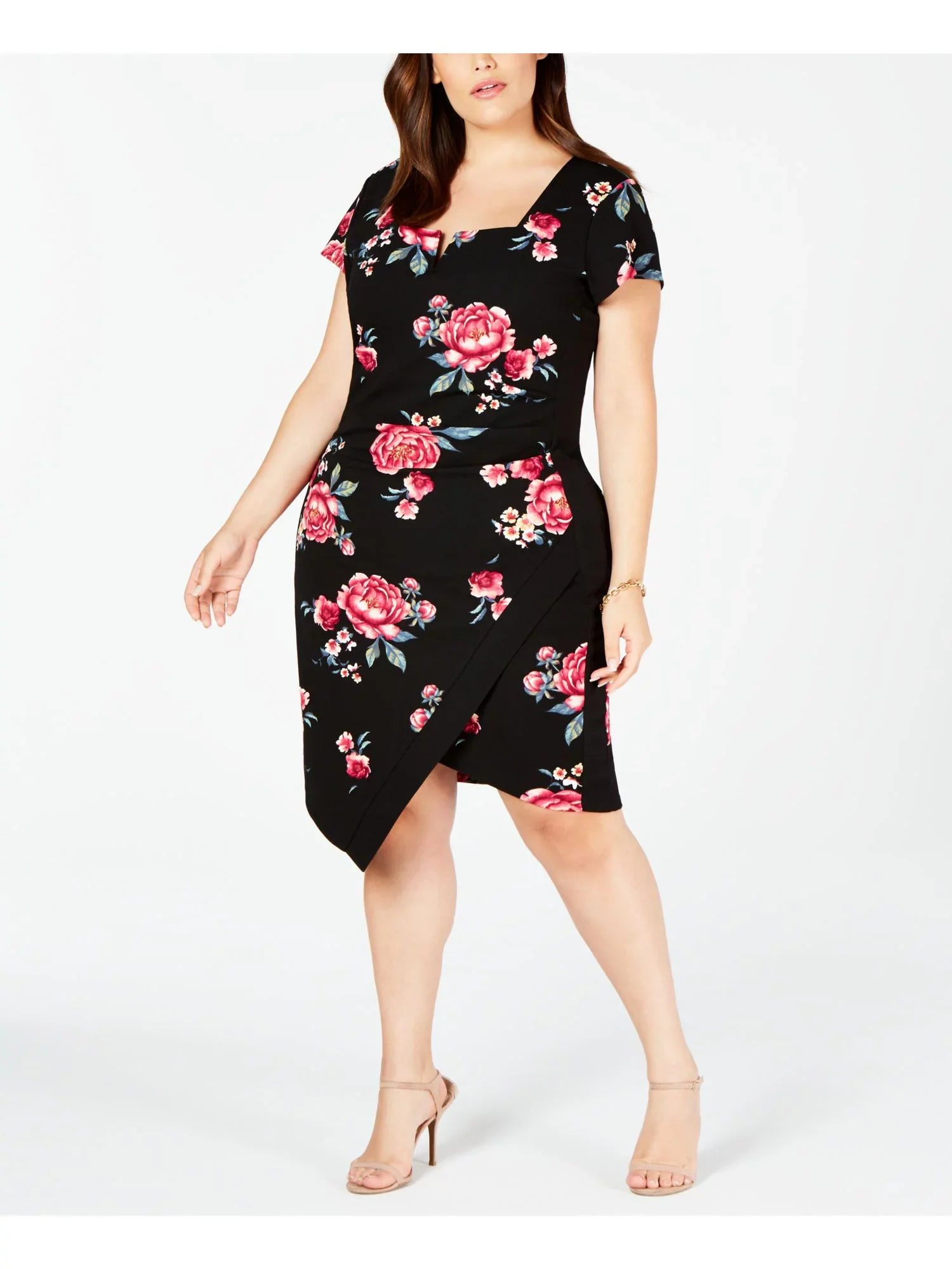 YOUNIQUE $49 Womens New Black Floral Sizehort Sizeleeve Body Con Dress 3X Plus B+B