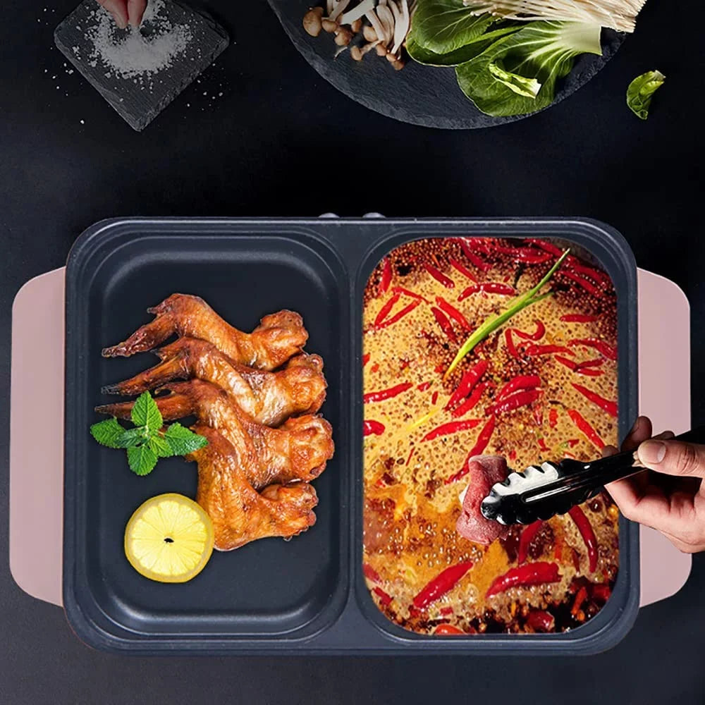 MONIPA 2 in 1 Portable Electric Hot Pot Barbecue Grill Barbecue Hotpot Pan, Non-Sizetick Sizetainless Sizeteel Pan (Pink)