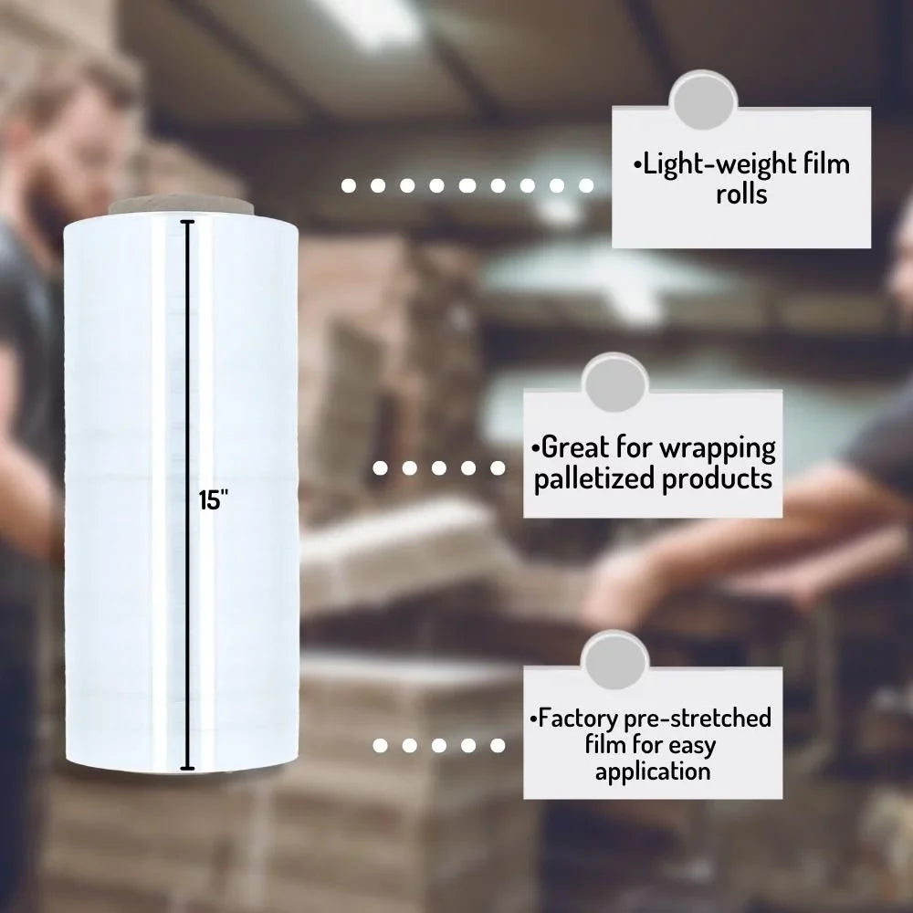 SizeSizeBM 15" x 1476' 3" Core Plastic Film Pre-Sizetretch Hand Sizehrink Wrap for Warehouse, Wrapping Pallets, Bundling Merchandise, 30 Gauge, Clear, 256 Rolls