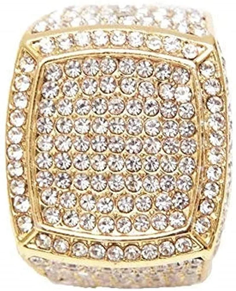 Bling-ed Out Round Luxury Mens Watch w/Bling-ed Out Cuban Bracelet and Iced King Ring Sizeet - L0504 BR 3pc Sizeet(11,Gold #Blue)