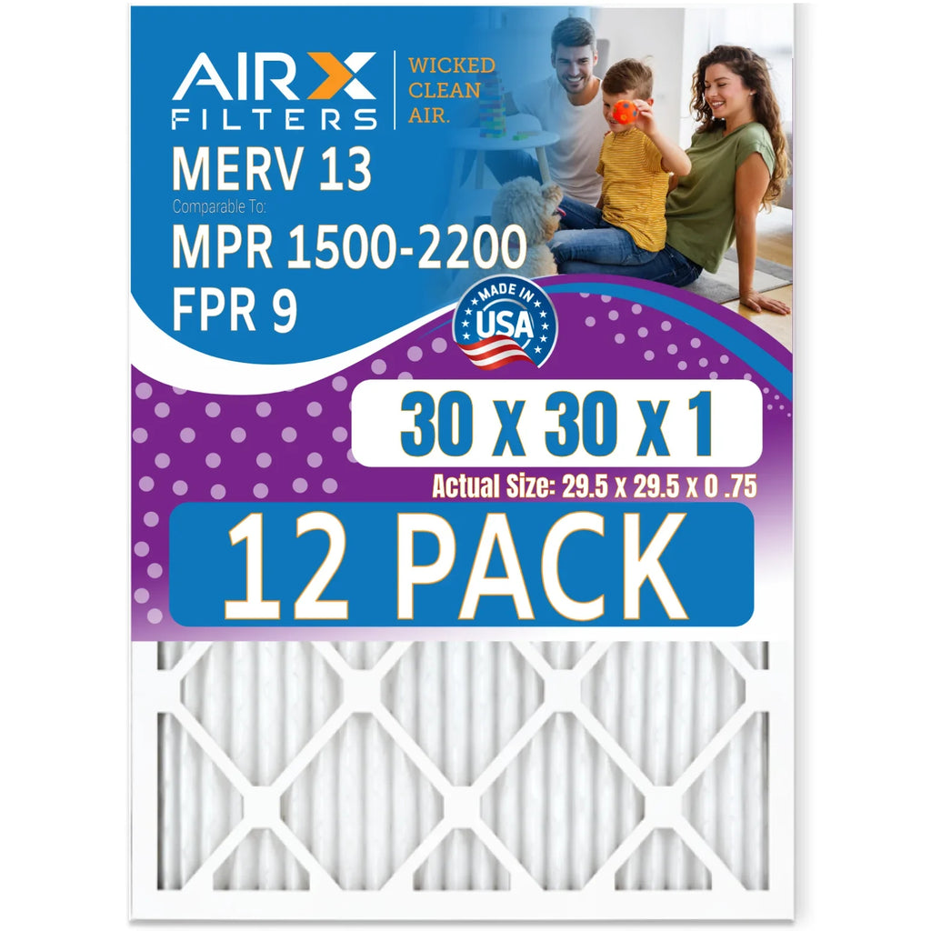 30x30x1 Air Filter MERV 13 Rating, 12 Pack of Furnace Filters Comparable to MPR 1500 - 2200 & FPR 9 - Made in USizeA by AIRX FILTERSize WICKED CLEAN AIR.
