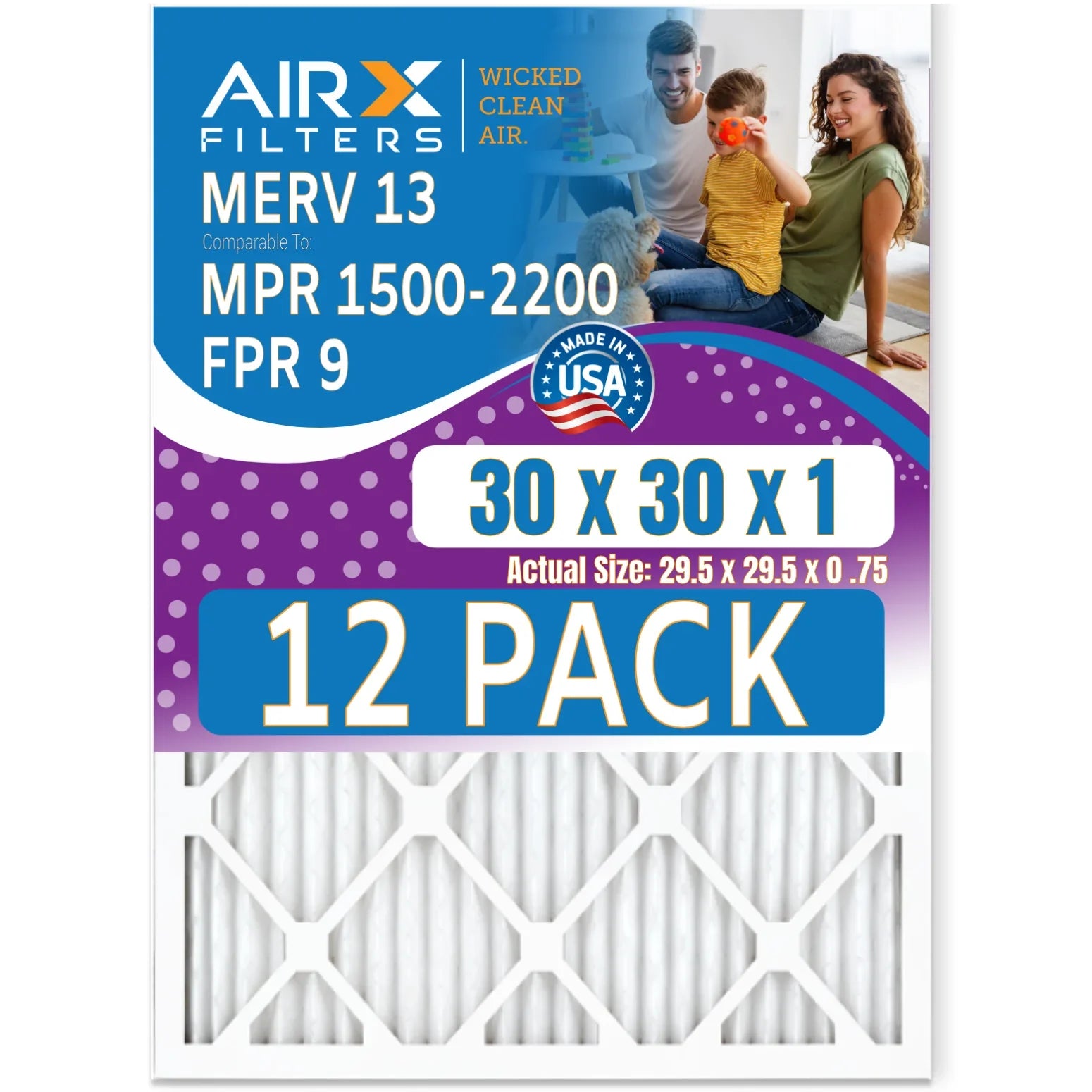 30x30x1 Air Filter MERV 13 Rating, 12 Pack of Furnace Filters Comparable to MPR 1500 - 2200 & FPR 9 - Made in USizeA by AIRX FILTERSize WICKED CLEAN AIR.