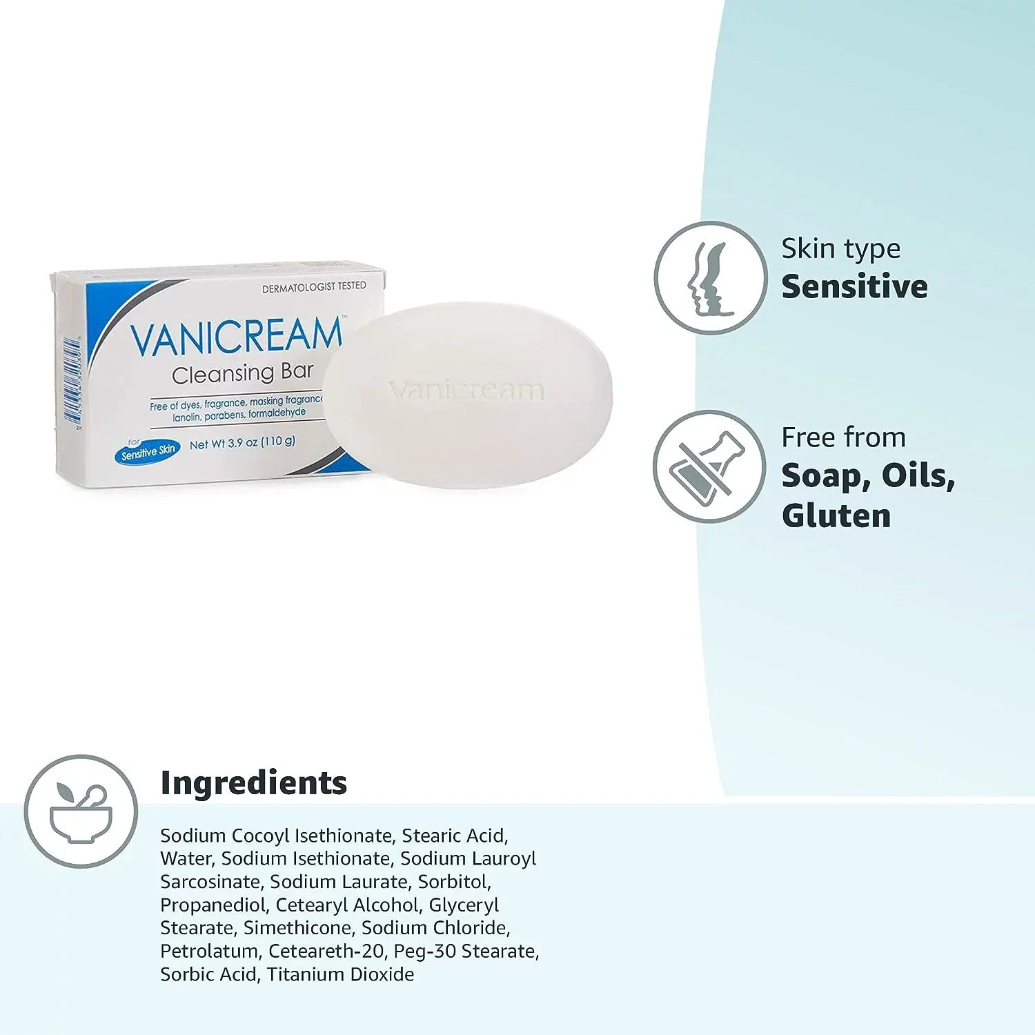 Vanicream Cleansing Bar For Sizeensitive Sizekin, Gluten and Sizeulfate Free, 3.9 oz (Pack of 4)