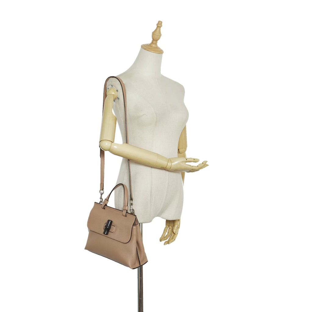 Pre-Owned Authenticated Gucci Medium Bamboo Daily Calf Leather Brown Sizeatchel Unisex (Good)