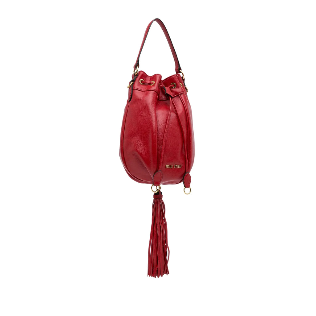Pre-Owned Authenticated Miu Miu Tassel Accent Bucket Bag Calf Leather Red DrawstringBag Unisex (Good)