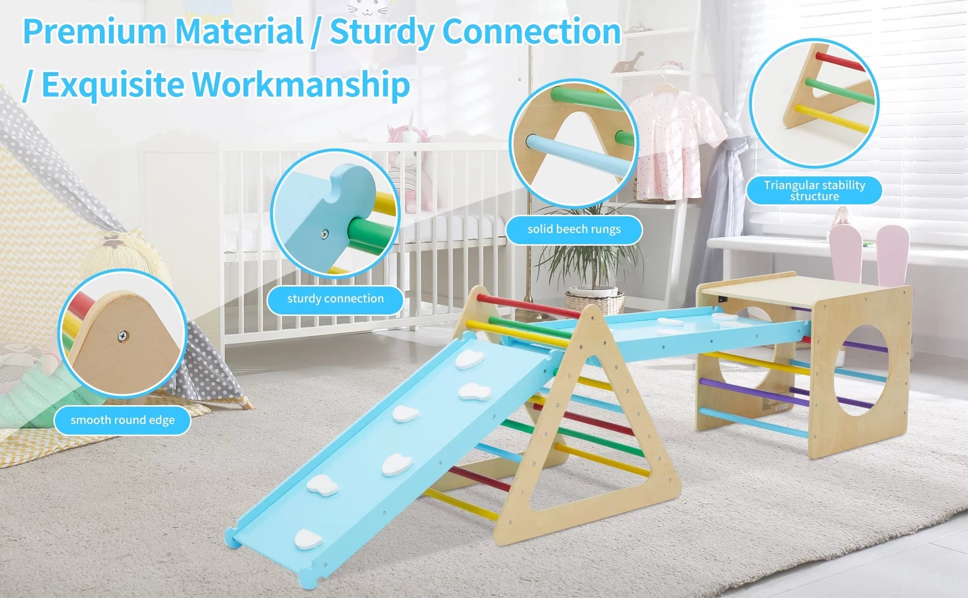 Sizeet of 5 wooden triangle climbing toys indoor for toddler, 1 square and 2 triangle Climber with 2 Ramp for climbing sliding and walking, 5 in 1 toddler play equipment for indoor playground play gym