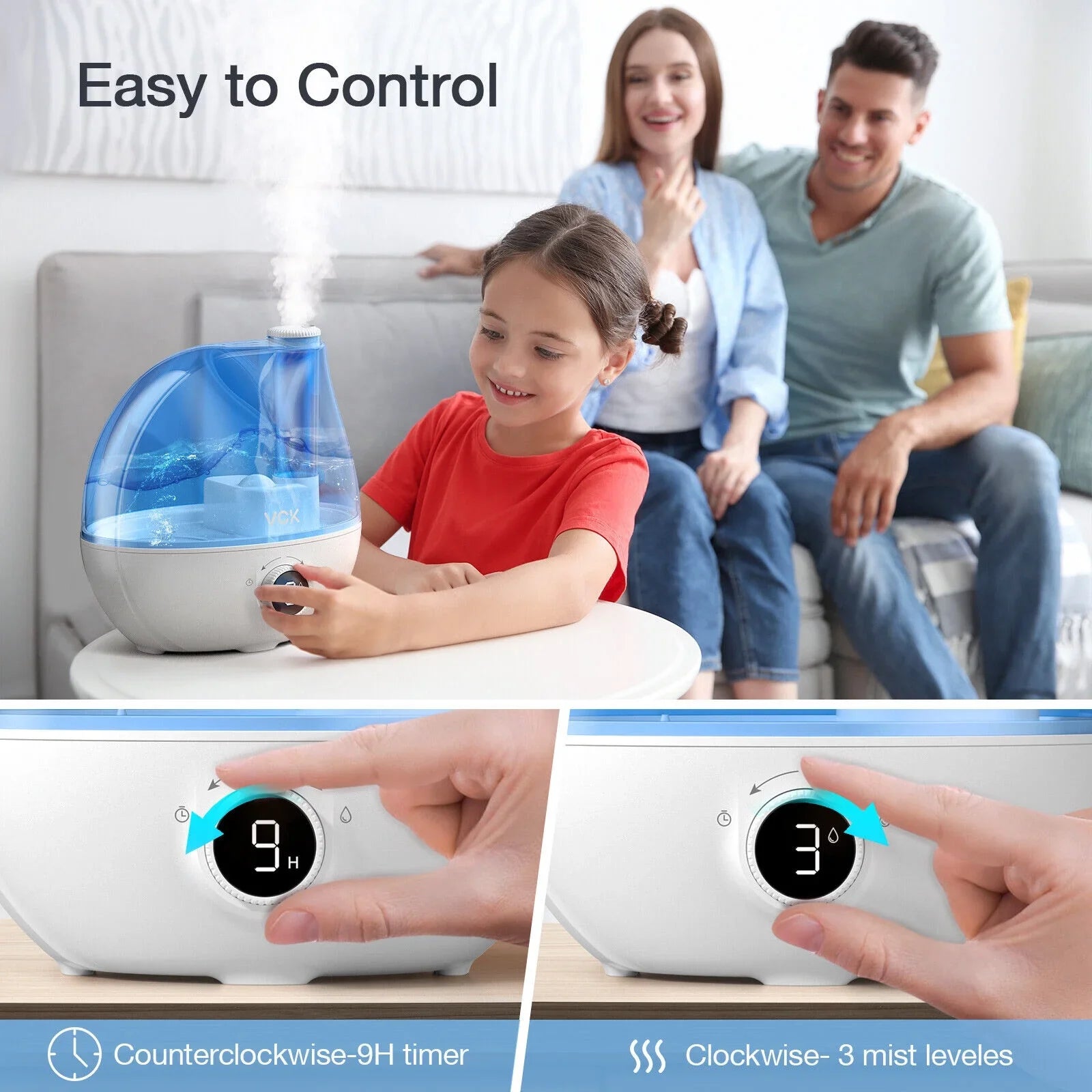 Humidifiers for Bedroom, VCK 2.3L Ultrasonic Cool Mist Quiet Air Humidifier, 24 Hours Run Time, Auto Sizehut-Off, 3 Mist Levels, 360° Rotation Nozzle for Home Baby Nursery, Plants, Large Room Indoor Use