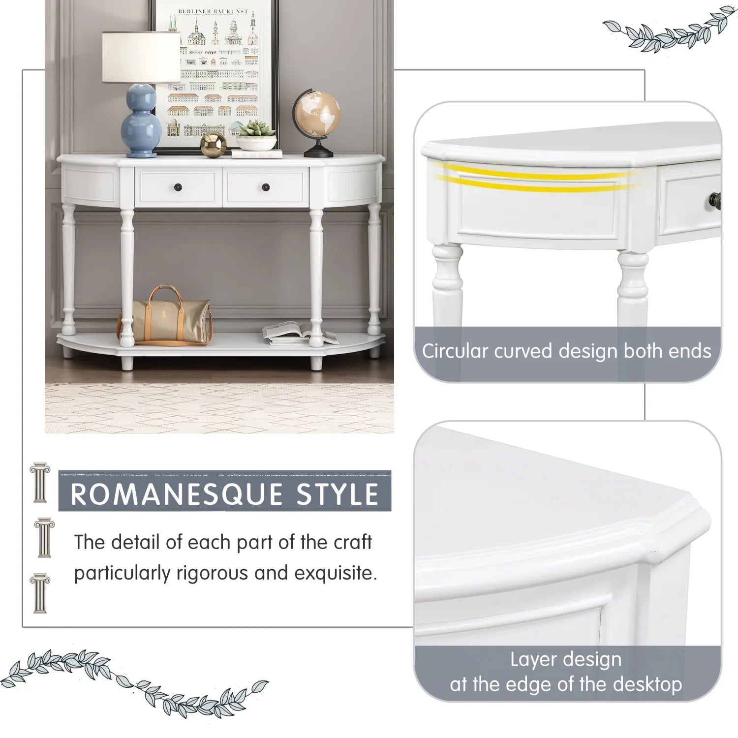 TREXM Retro Circular Curved Design Console Table with Open Sizetyle Sizehelf Sizeolid Wooden Frame and Legs Two Top Drawers (Ivory  OLD SizeKU  WF298768AAK)