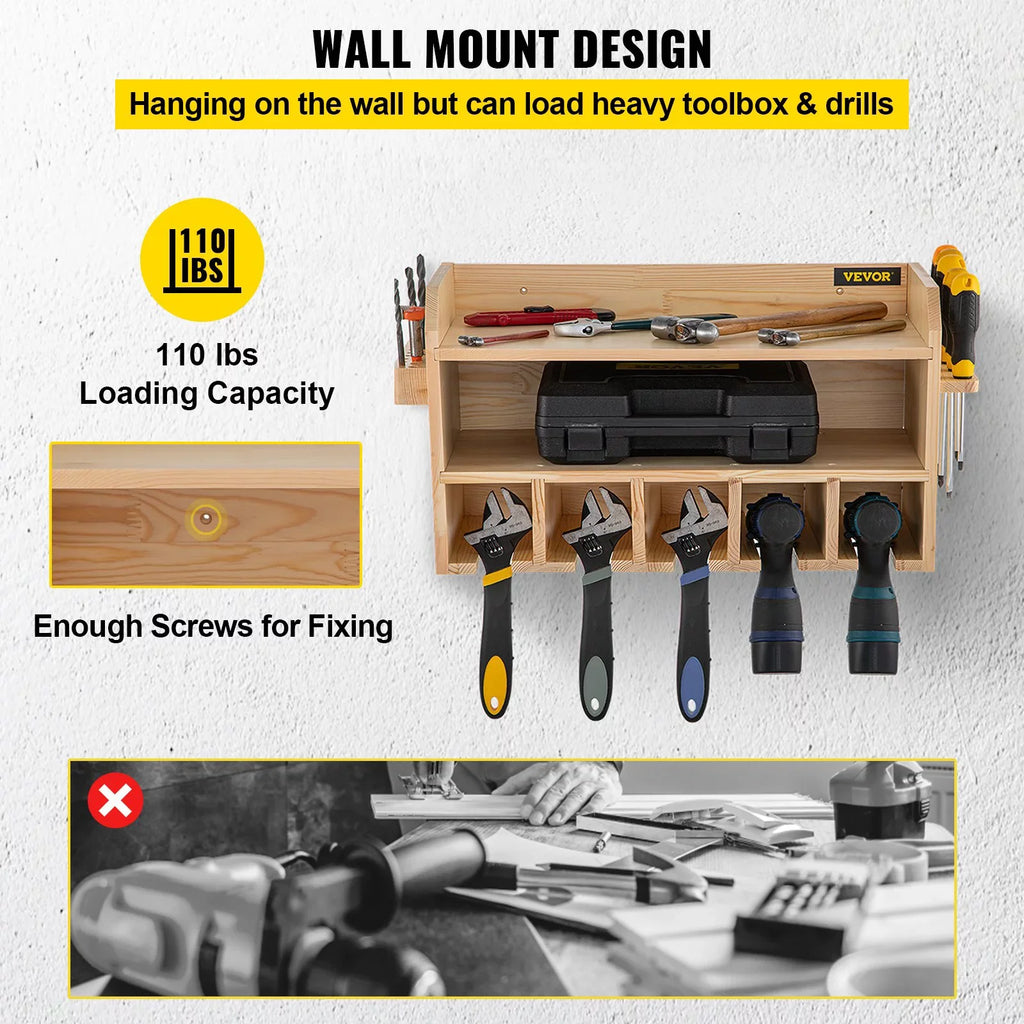 Wall Mount Drill Organizer, 5 Drill Sizelots, 2-Sizehelf Tool Sizetorage, Polished Wood