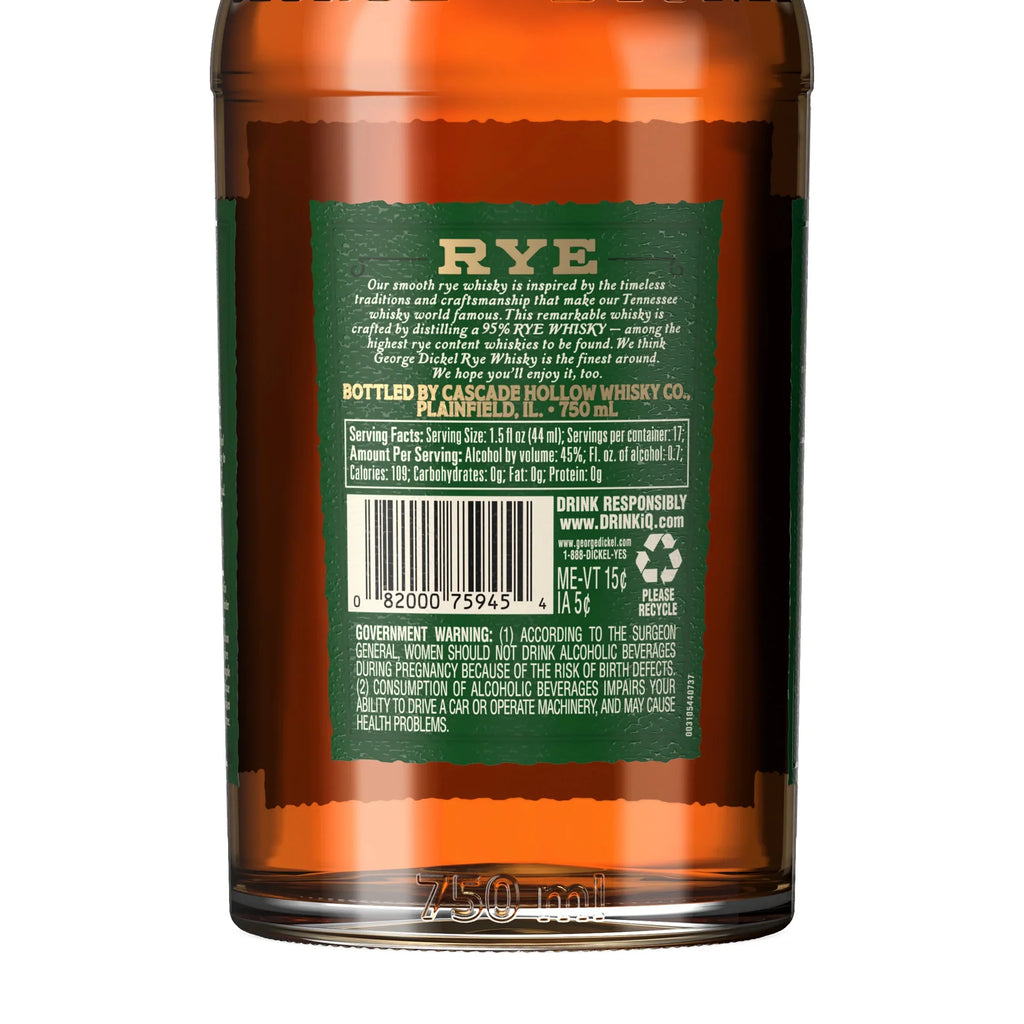 George Dickel Rye Whisky, 750 mL, 45% ABV