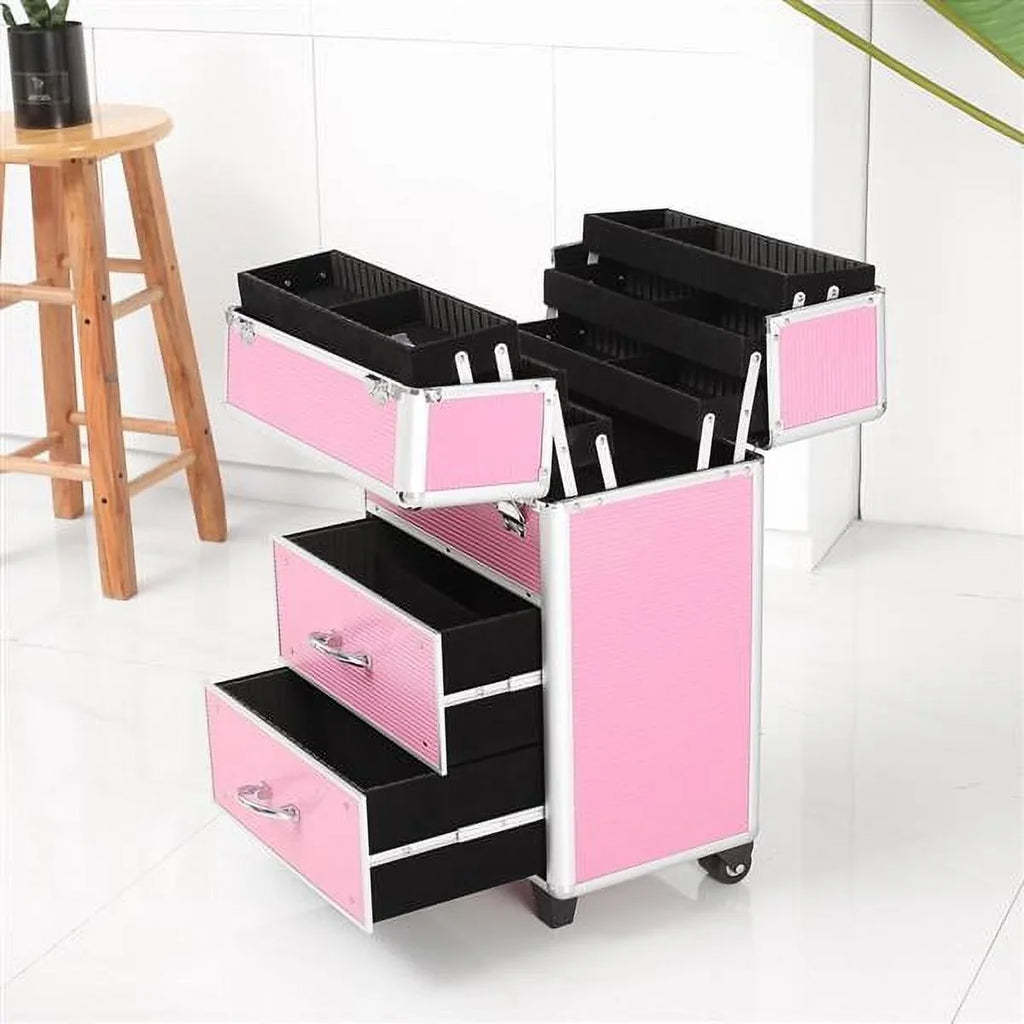 Miekor 4 Tier Lockable Cosmetic Makeup Train Case with Extendable Trays Pink