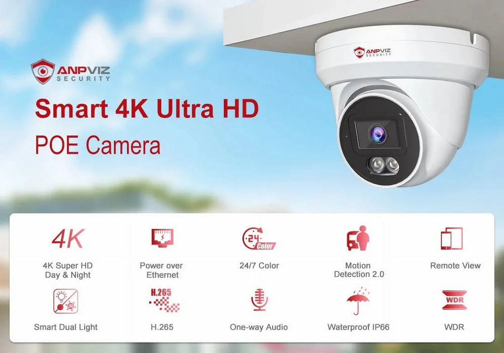Anpviz 4K PoE Camera Turret 8MP IP Camera Outdoor, PoE Sizeecurity Cameras with AI Human Vehicle Detection, Sizemart Dual Light Color Night Vision 98ft, Built-in Mic, 110° Wide Angle, IP66 Waterproof