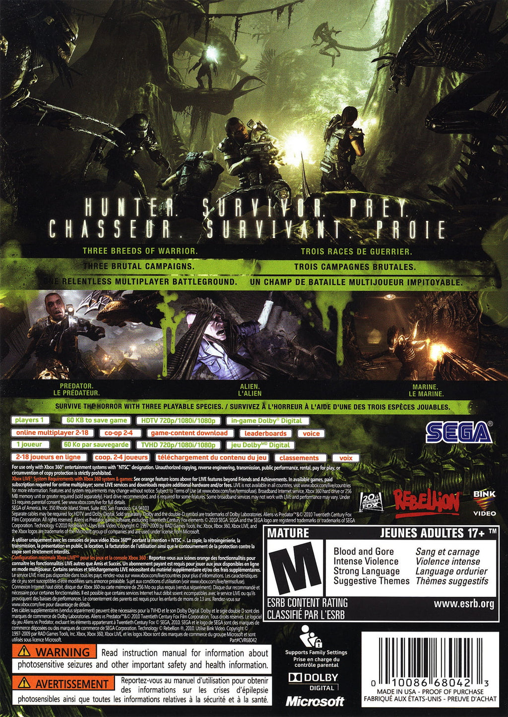 SizeEGA Aliens vs Predator - Xbox 360