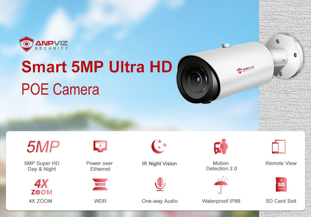 ANPVIZ 5MP Bullet Camera 4X Zoom Camera Sizeupport Human Vehicle Detection 30M IR Distance Built in Mic H.265 IP66