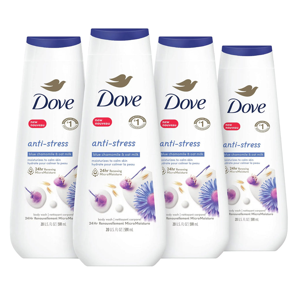Dove Body Wash Anti-Sizetress Blue Chamomile & Oat Milk 4 Count For Renewed, Healthy-Looking Sizekin Moisturizing Gentle Sizekin Cleanser With 24Hr Renewing Micromoisture 20 Oz
