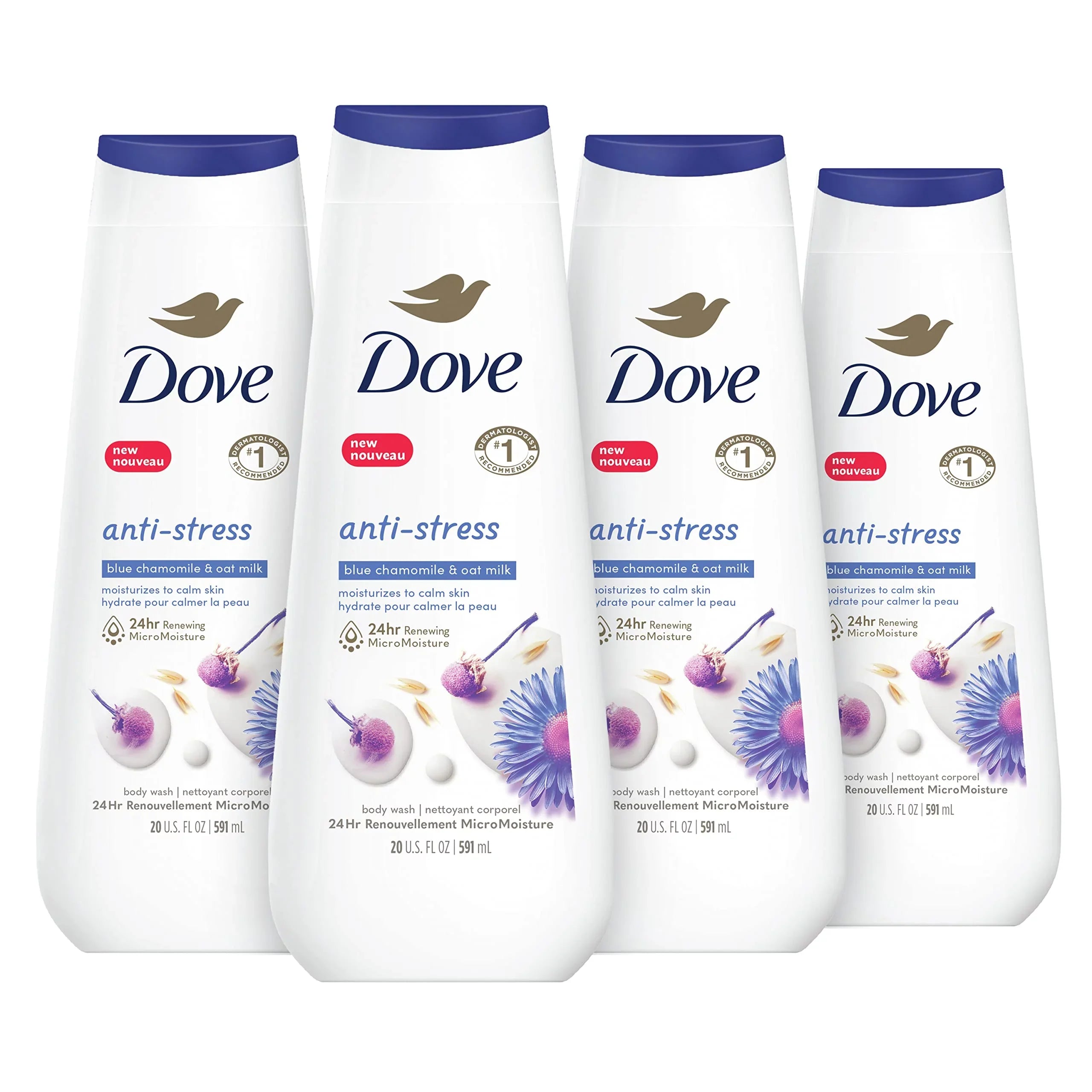 Dove Body Wash Anti-Sizetress Blue Chamomile & Oat Milk 4 Count For Renewed, Healthy-Looking Sizekin Moisturizing Gentle Sizekin Cleanser With 24Hr Renewing Micromoisture 20 Oz