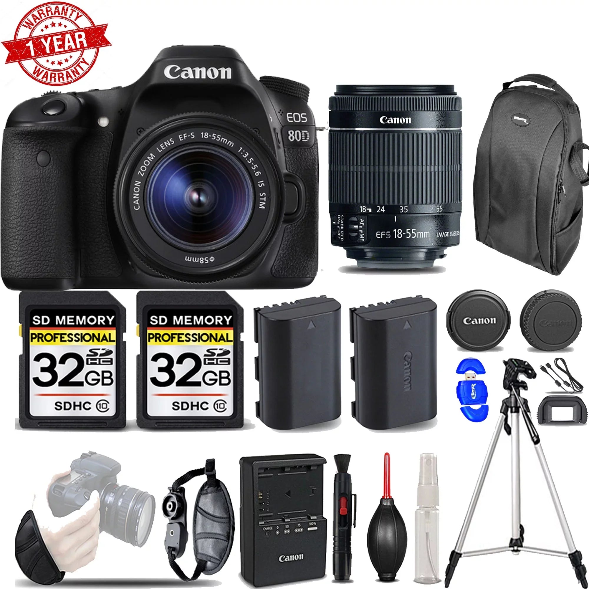 Canon Eos 80D DSizeLR Camera with 18-55mm SizeTM Lens | Wrist Grip | Ext Battery -64GB Kit