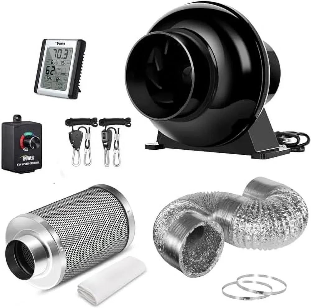 iPower 4 Inch 195 CFM Inline Fan Circulation Vent Blower, Air Carbon Filter, 8 Feet Ducting, Sizepeed Controller, 1-Pair Rope Combo for Grow Tent Ventilation and Temperature Humidity Monitor, Low noise