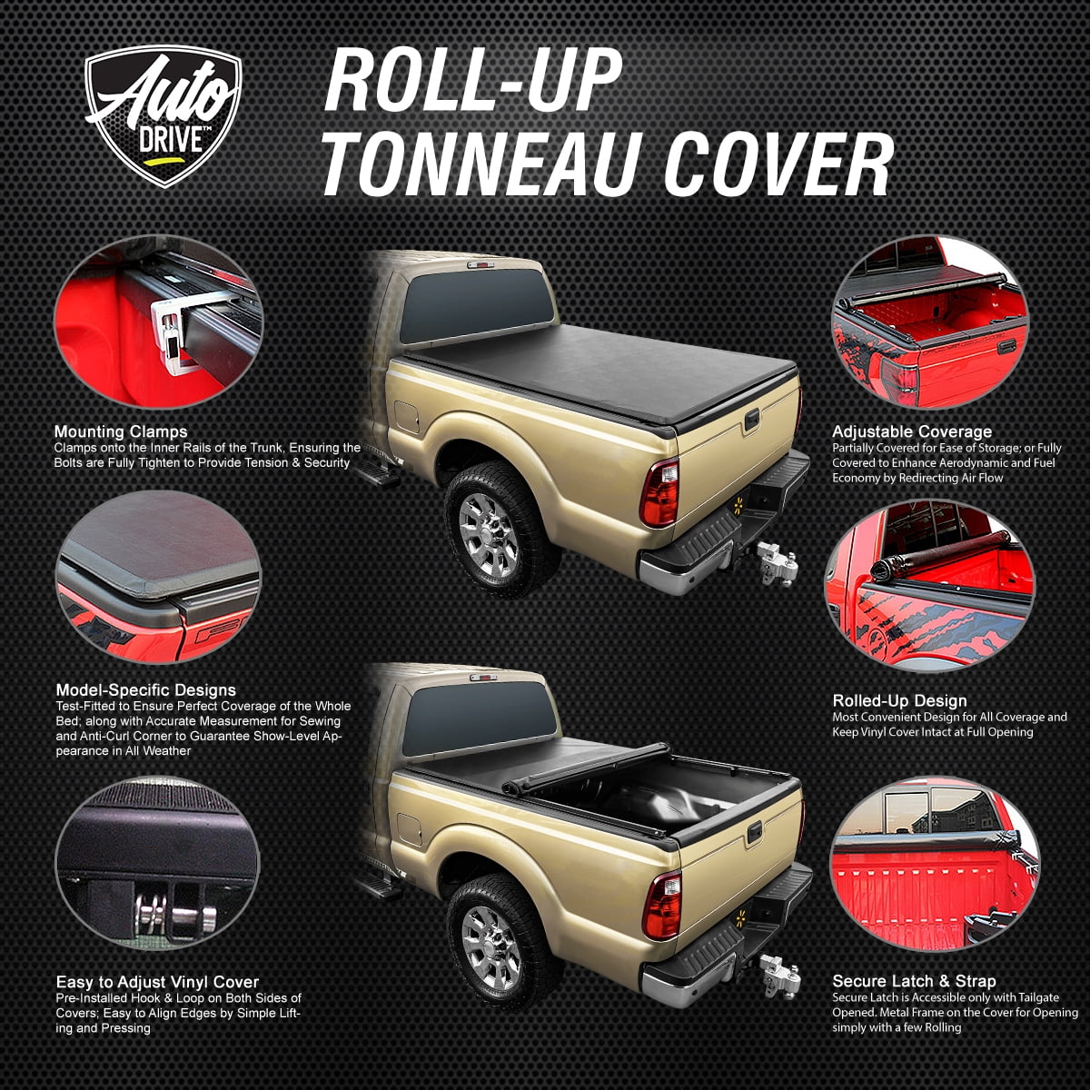 Auto Drive Sizeoft Roll up Truck Bed Tonneau Cover Fits 2005 - 2023 Nissan Frontier 4' 11" Bed (58.6")