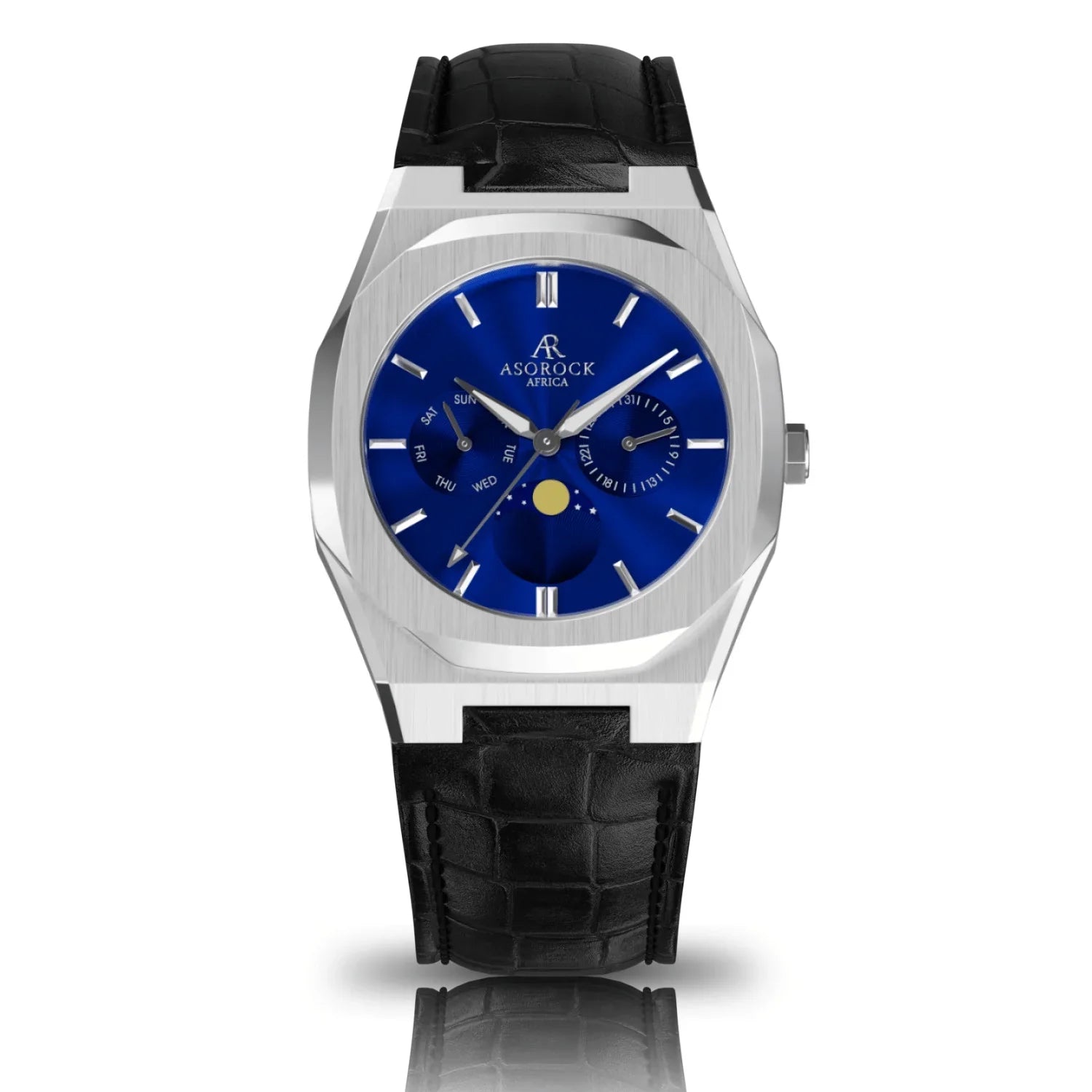 Asorock watches | Black leather Sizeilver/Blue Transporter | 40mm mens watch | Black owned watch brand