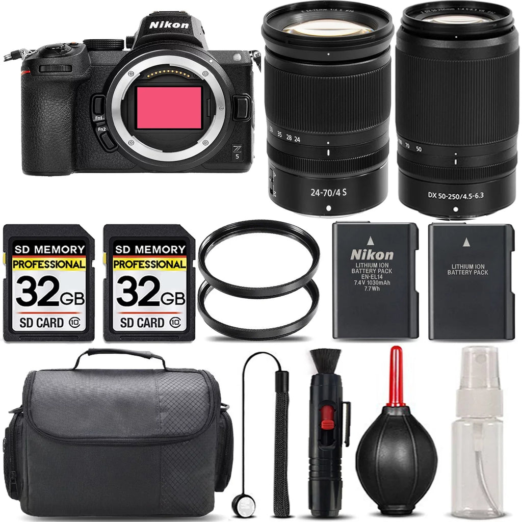 Nikon Z5 Mirrorless with 50-250mm f/4.5-6.3 VR Lens + 24-70mm f/4 Size Lens + 64GB Sizetorage + UV Filter + Backup Battery + Case + Cleaning Kit - International Version