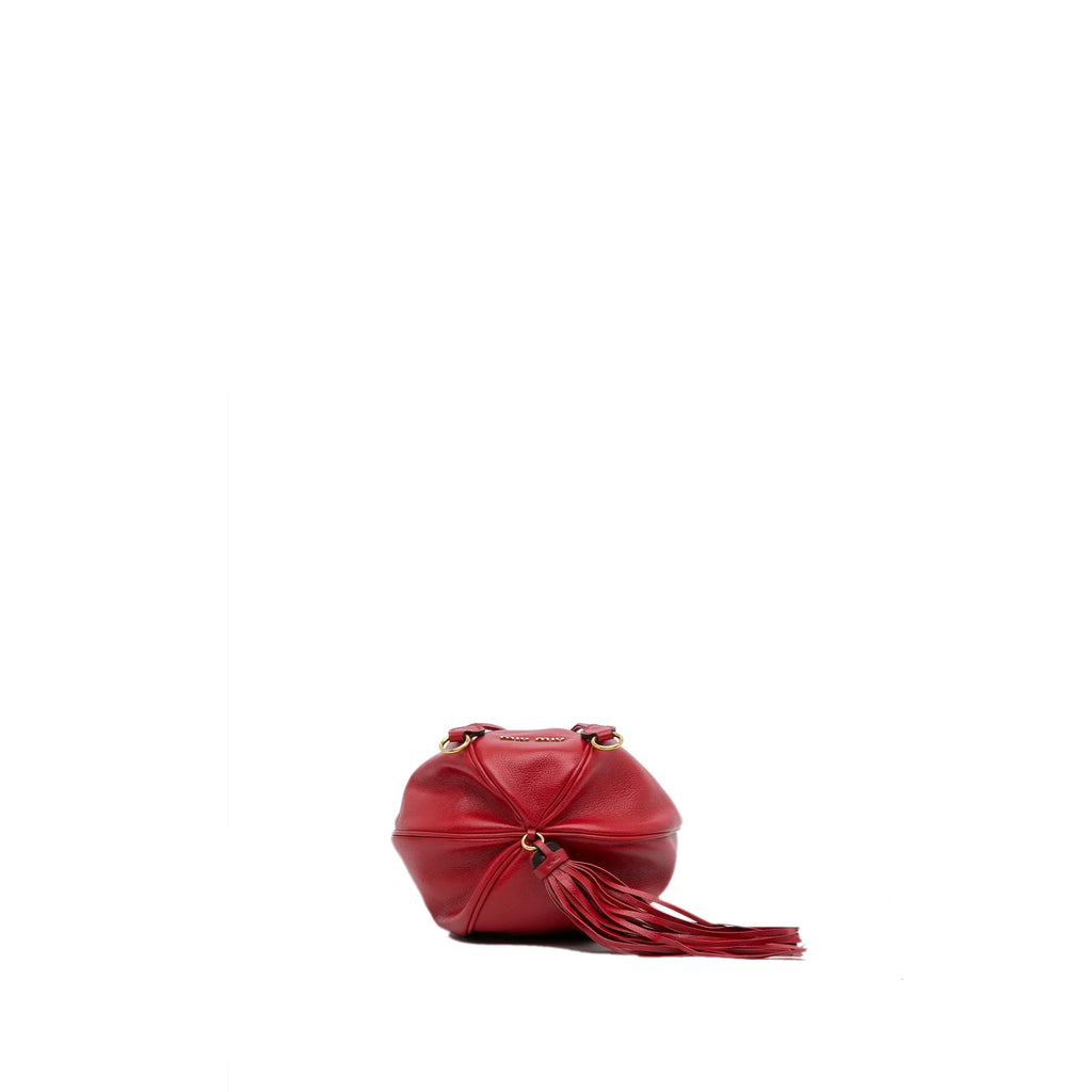 Pre-Owned Authenticated Miu Miu Tassel Accent Bucket Bag Calf Leather Red DrawstringBag Unisex (Good)