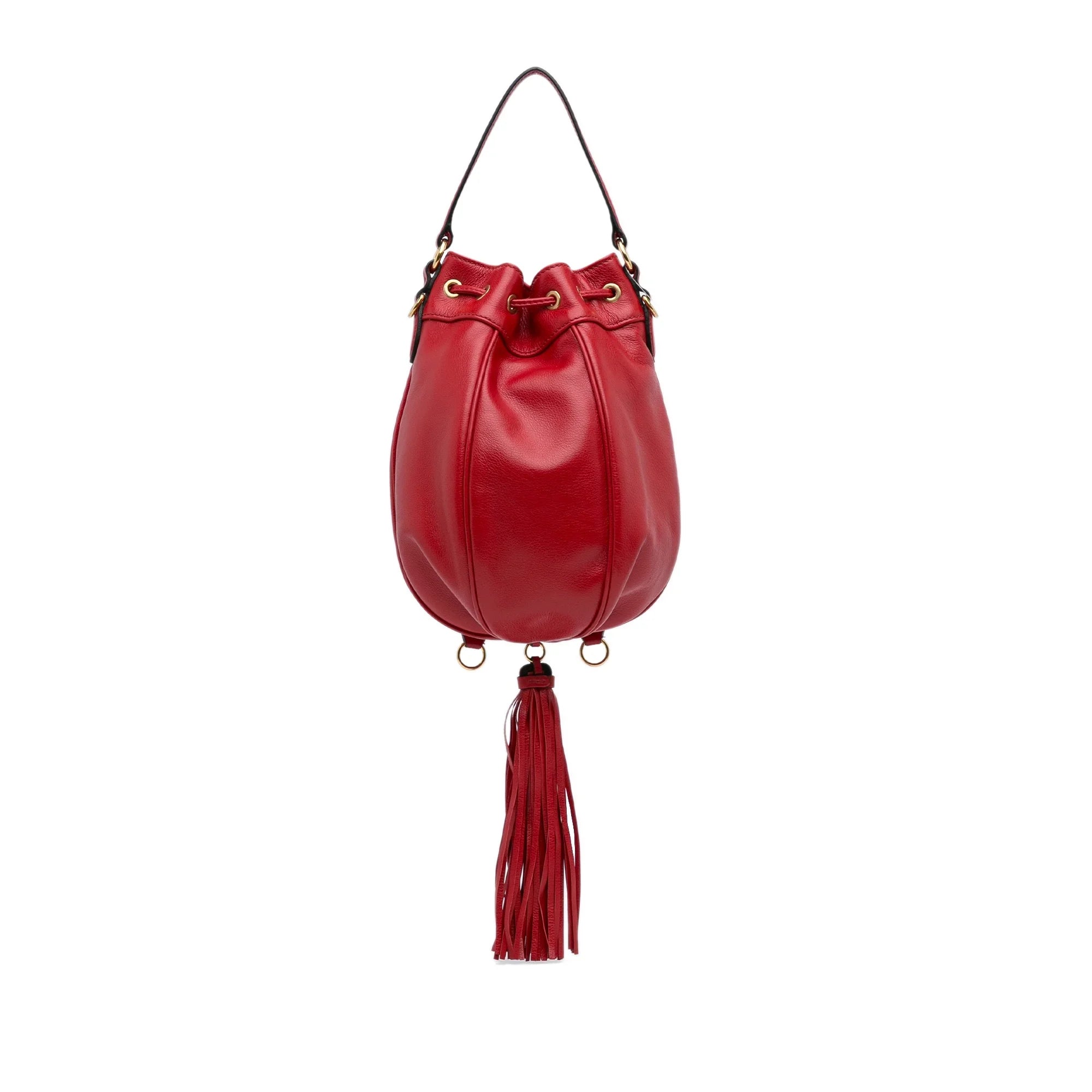 Pre-Owned Authenticated Miu Miu Tassel Accent Bucket Bag Calf Leather Red DrawstringBag Unisex (Good)