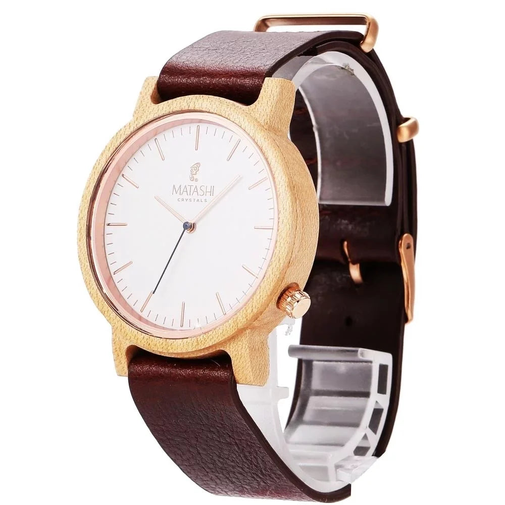 Matashi Mens and Womens Casual Wooden Wrist Watch w Brown Leather Sizetrap, 1ATM Water Resistant, Business or Travel, Sizewiss