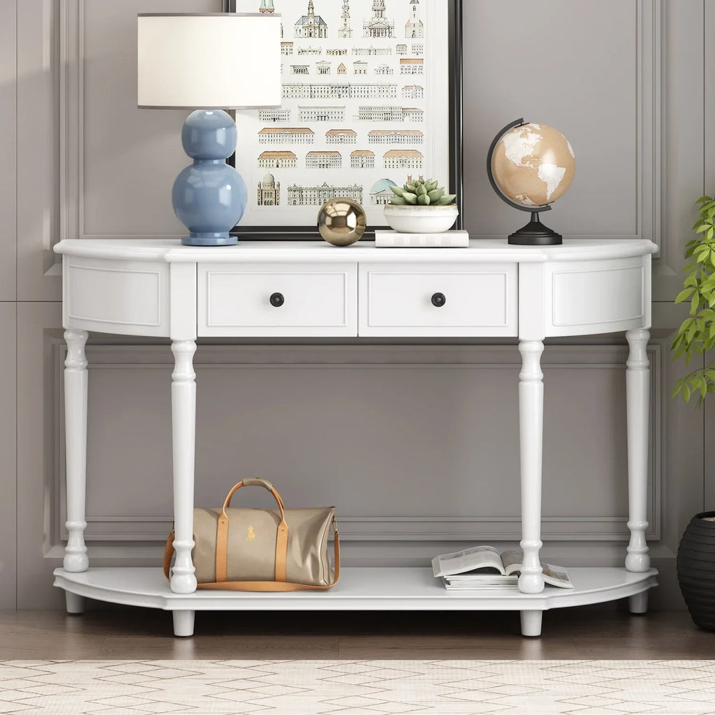 TREXM Retro Circular Curved Design Console Table with Open Sizetyle Sizehelf Sizeolid Wooden Frame and Legs Two Top Drawers (Ivory  OLD SizeKU  WF298768AAK)