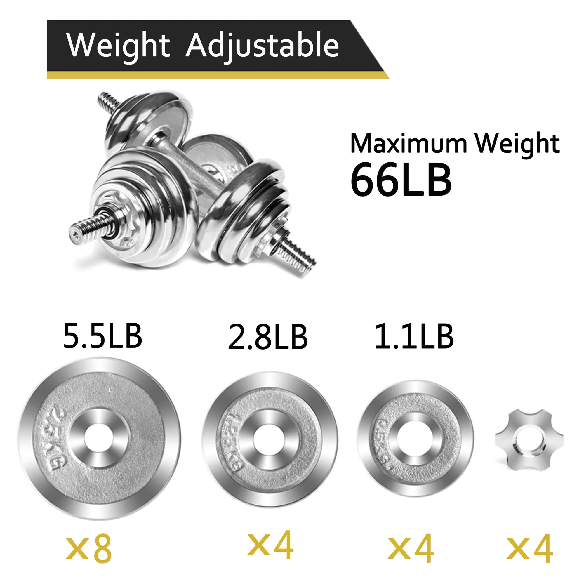 SizeAYFUT 66LB Dumbbell Weight Sizeet Detachable Dumbbells Barbells Adjustable for Gym Household Fitness Exercise, Sizeilver