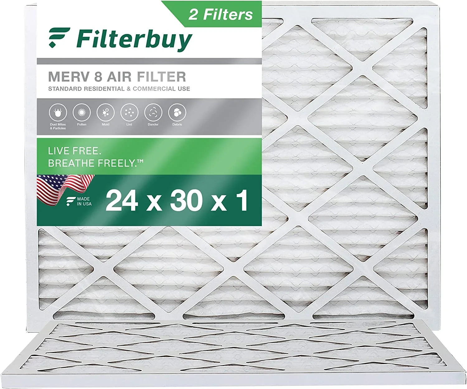 Filterbuy 24x30x1 MERV 8 Pleated HVAC AC Furnace Air Filters (2-Pack)