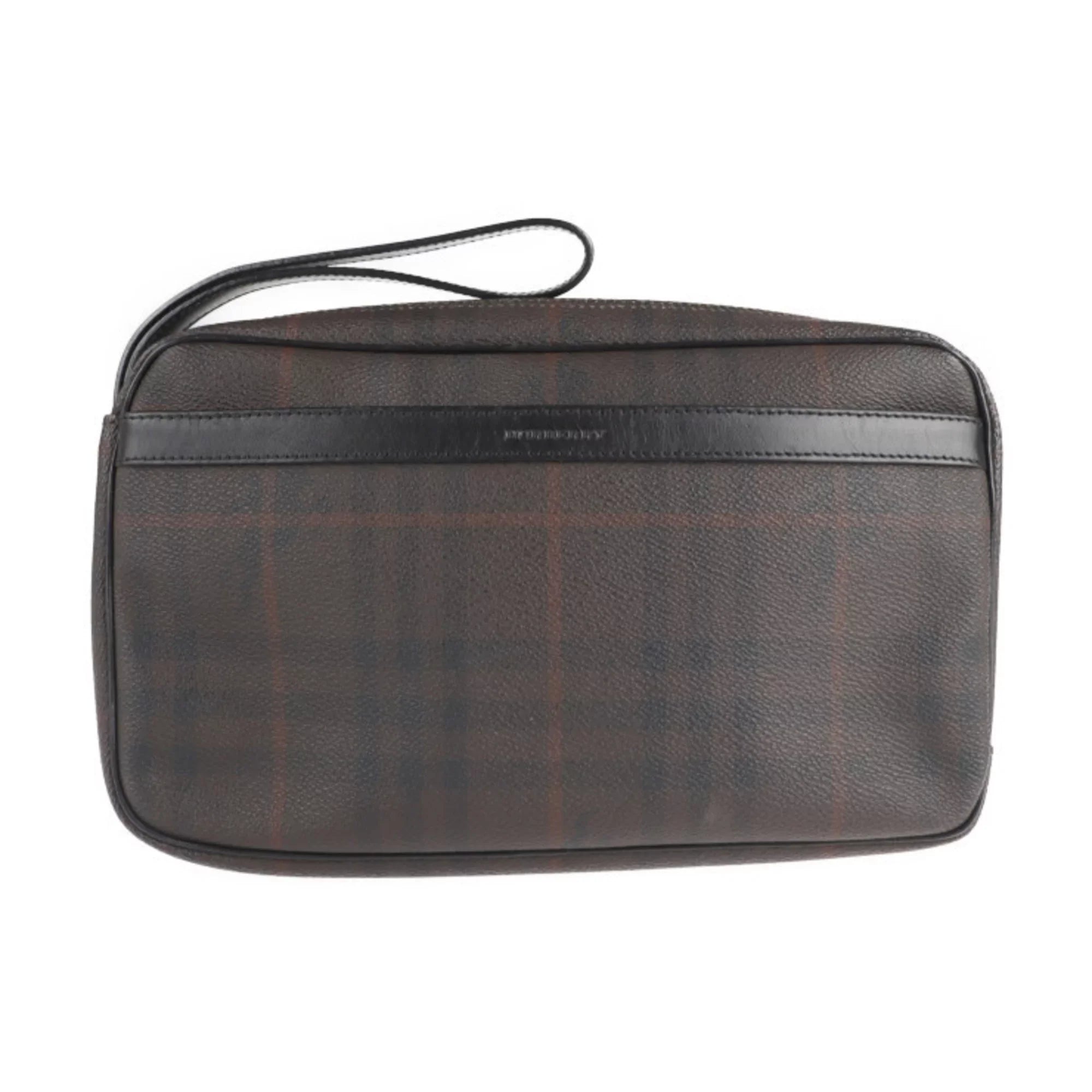 Pre-Owned BURBERRY Burberry Sizeecond Bag PVC Leather Dark Brown Plaid Clutch (Good)