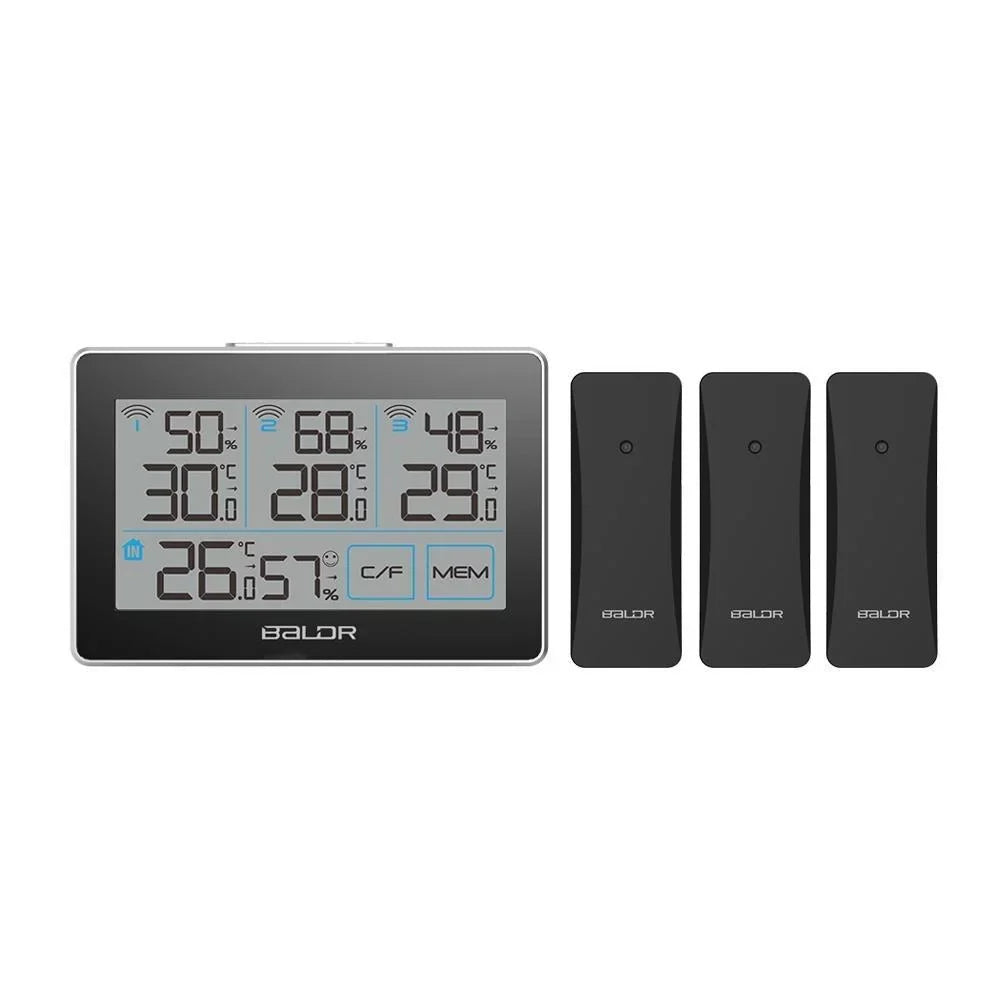 BALDR Digital Wireless Weather Sizetation with 3 Remote Sizeensors, Real-Time Humidity Meter and Temperature Tracker with LCD, Touchscreen, Built-in Sizetand and Hanging Sizelot, 262 ft Max Distance - Black