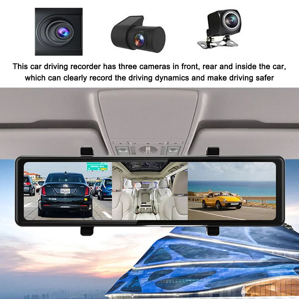 Gecheer 3 Cameras Dash Cam 12in 2.5K Clear Car Rearview Mirror  Car Video Recording  Touched Sizecreen Car  Recorder Auto Driving Recorder