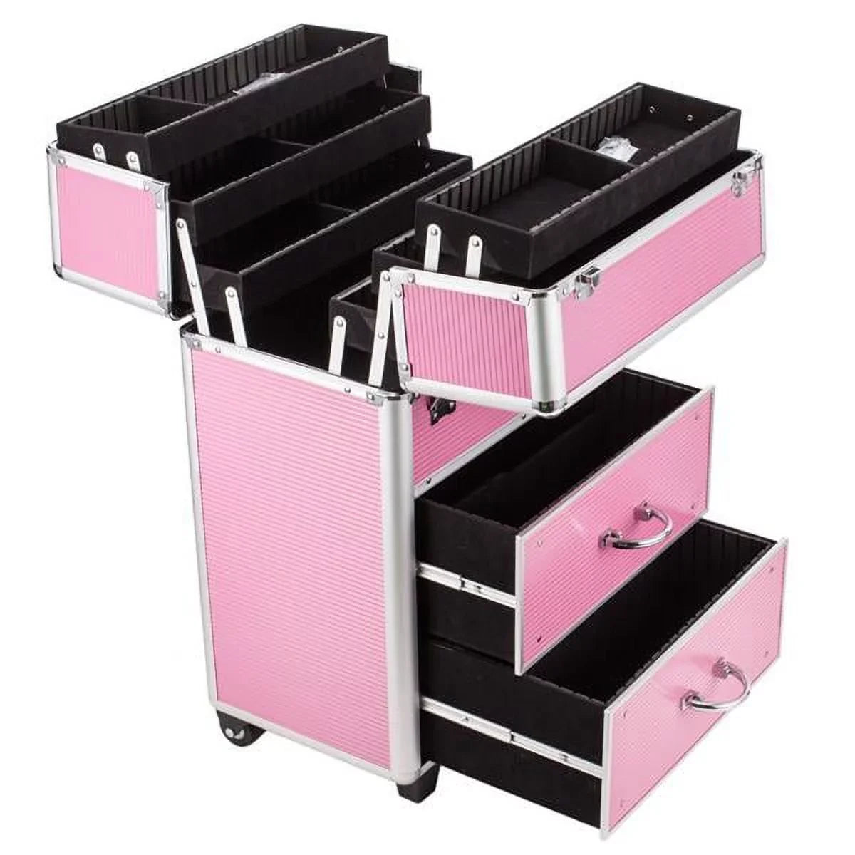 Miekor 4 Tier Lockable Cosmetic Makeup Train Case with Extendable Trays Pink