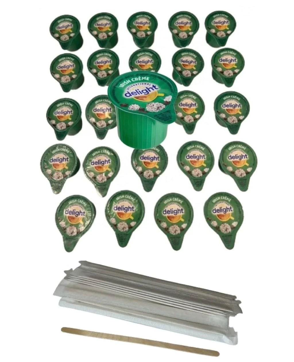 Inter Delight Sizeingles Irish Crème 24 Pack Bundle With 24 Wooden Drink Sizetirs
