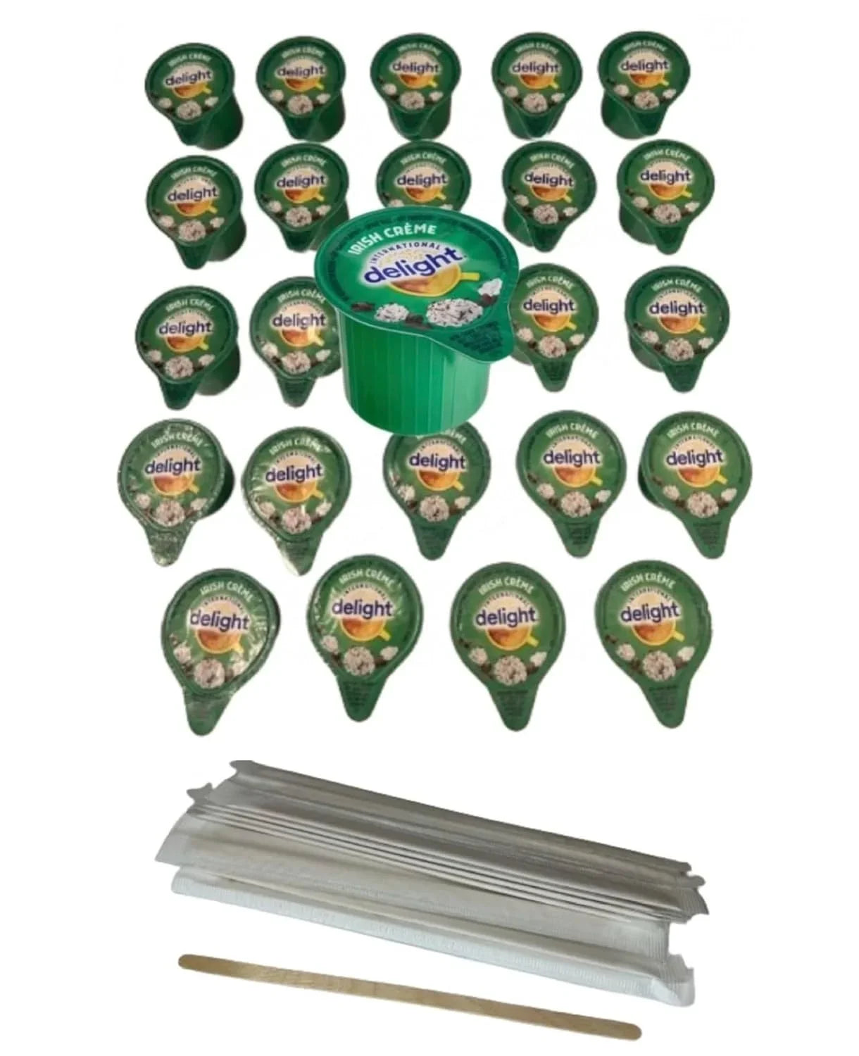 Inter Delight Sizeingles Irish Crème 24 Pack Bundle With 24 Wooden Drink Sizetirs