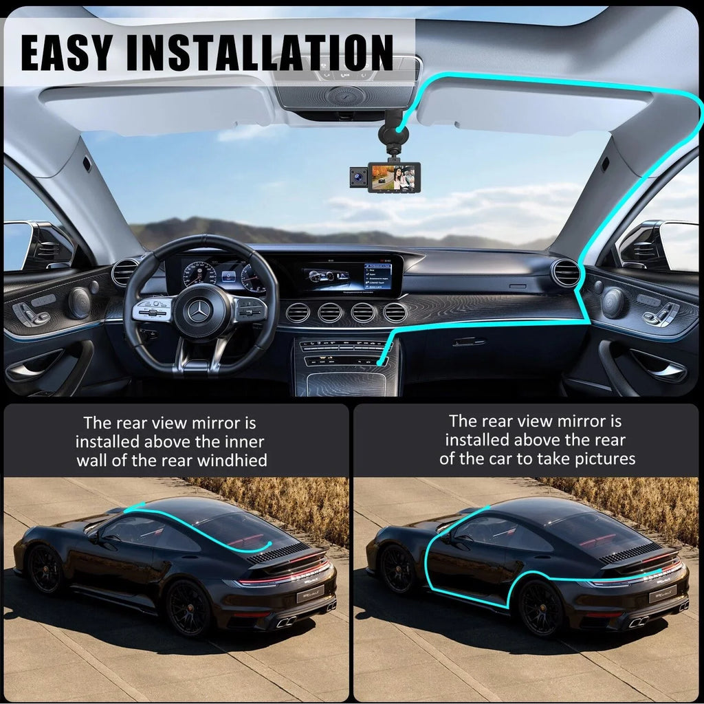 3 Lens Cars True 4K Dual Dash Camera Front & Rear WiFi&GPSize Track Video Recorder