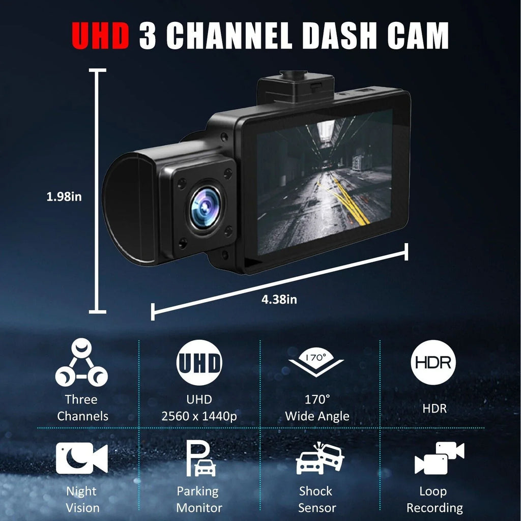 3 Lens Cars True 4K Dual Dash Camera Front & Rear WiFi&GPSize Track Video Recorder