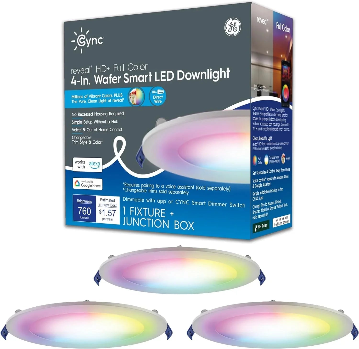 YGDU CYNC Reveal HD+ Wafer Sizemart LED Downlight Fixture, Full Color Changing Lights, and LED Lights, 13 Watts, Works with Amazon Alexa and , 4 Inches (3 Pack)