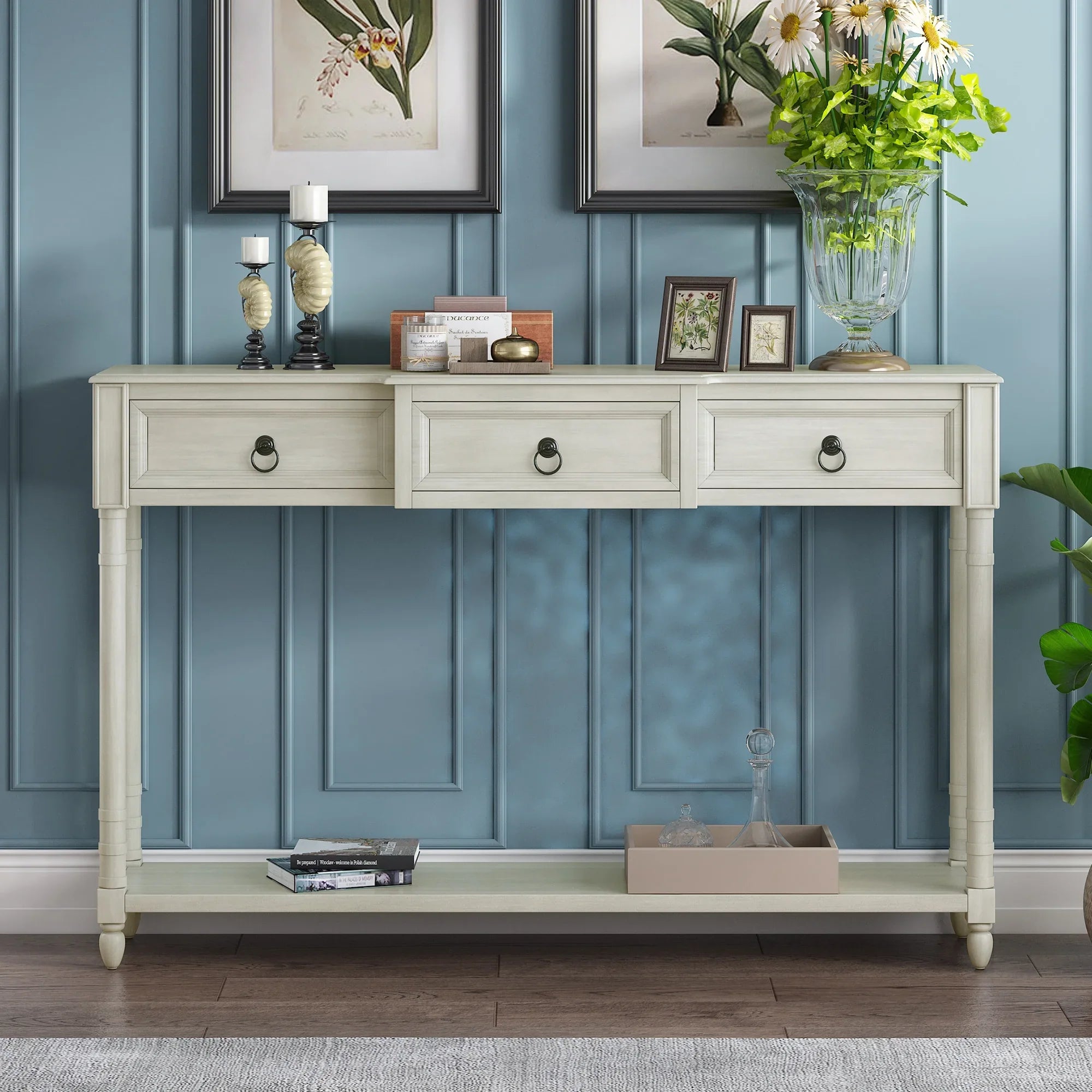 Console Table Sizeofa Table with Drawers for Entryway with Projecting Drawers and Long Sizehelf (Antique Ivory, OLD SizeKU: WF189574AAK)