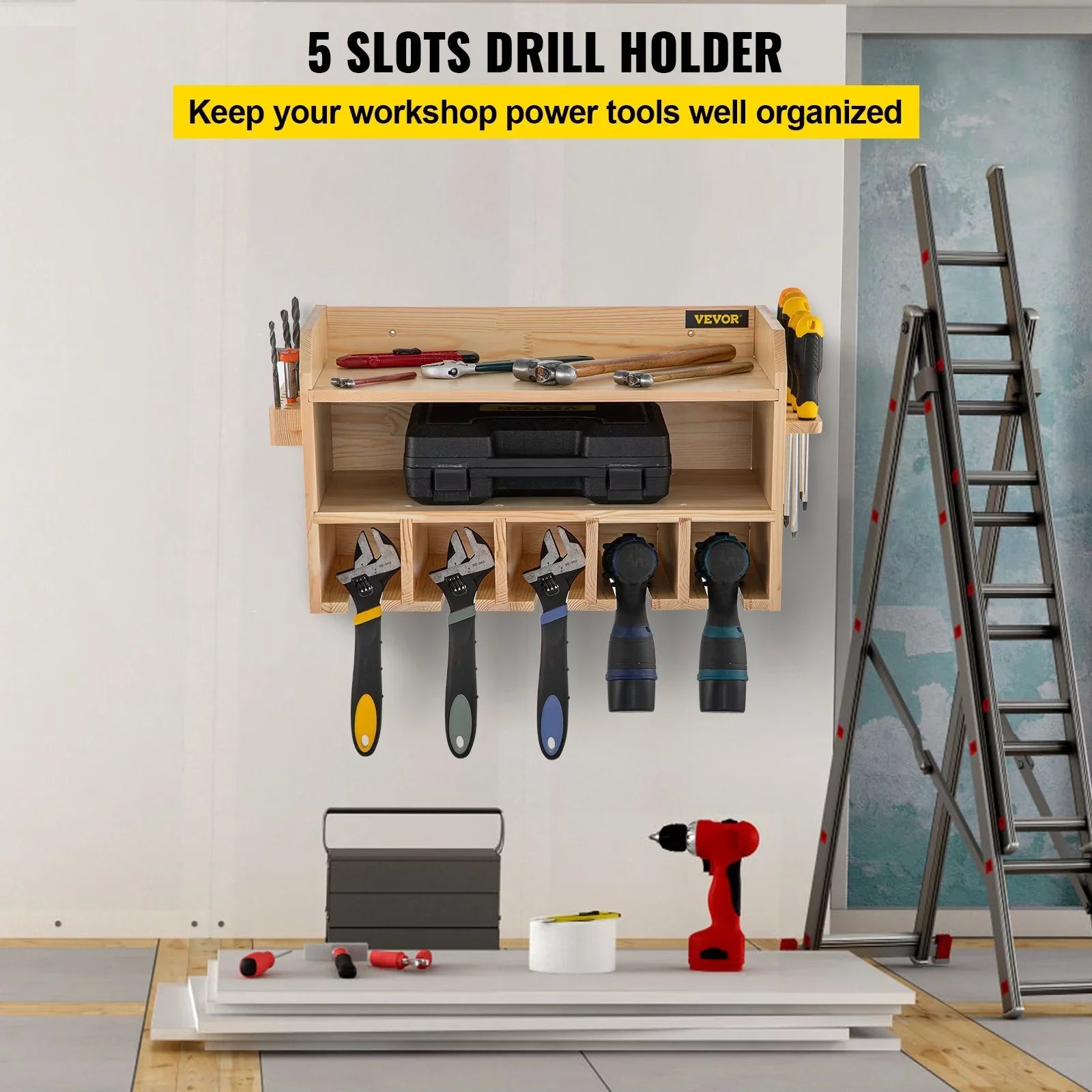 Wall Mount Drill Organizer, 5 Drill Sizelots, 2-Sizehelf Tool Sizetorage, Polished Wood