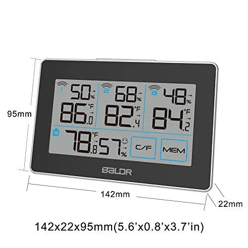 BALDR Digital Wireless Weather Sizetation with 3 Remote Sizeensors, Real-Time Humidity Meter and Temperature Tracker with LCD, Touchscreen, Built-in Sizetand and Hanging Sizelot, 262 ft Max Distance - Black