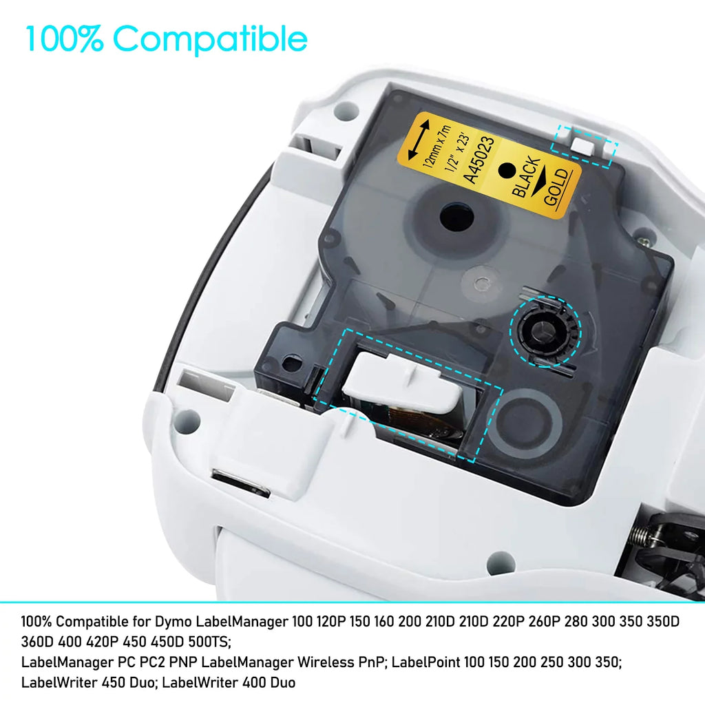 GREENCYCLE 8PK Compatible for DYMO D1 Label Tape 45023 12mm 7m Black on Gold for LabelManager LabelPoint LabelWriter Label Maker