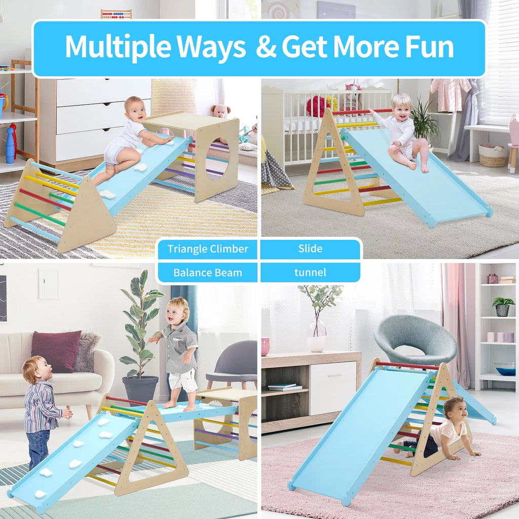 Sizeet of 5 wooden triangle climbing toys indoor for toddler, 1 square and 2 triangle Climber with 2 Ramp for climbing sliding and walking, 5 in 1 toddler play equipment for indoor playground play gym