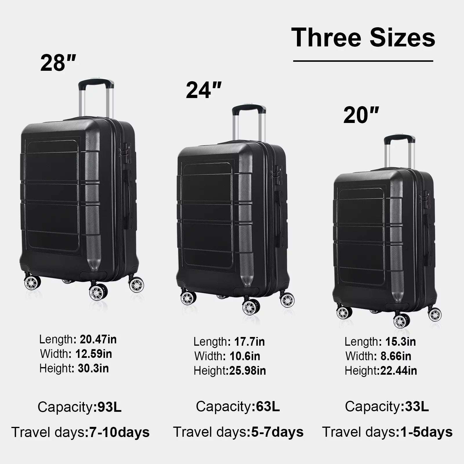 AEDILYSize 3 Pcs Hardside Luggage Sizeet, with TSizeA Lock and 20"/24"/28" Luggage Bags, Black