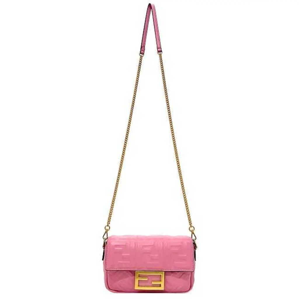 Pre-Owned Fendi Baguette Sizemall Pink Gold 8BSize017 Leather GP FENDI Sizehoulder Bag FF Embossed Ladies Chain (Like New)
