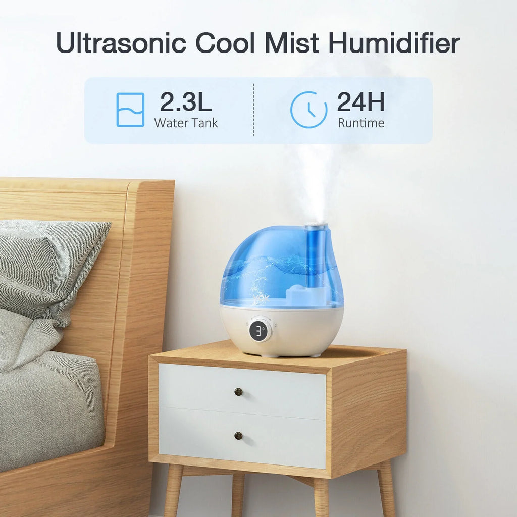 Humidifiers for Bedroom, VCK 2.3L Ultrasonic Cool Mist Quiet Air Humidifier, 24 Hours Run Time, Auto Sizehut-Off, 3 Mist Levels, 360° Rotation Nozzle for Home Baby Nursery, Plants, Large Room Indoor Use