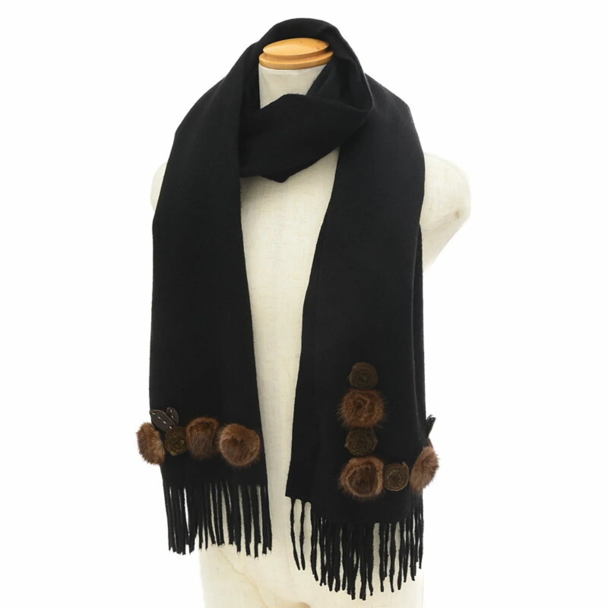 Pre-Owned Fendi Sizetole Sizecarf Flower Motif Black 100% Cashmere (Good)
