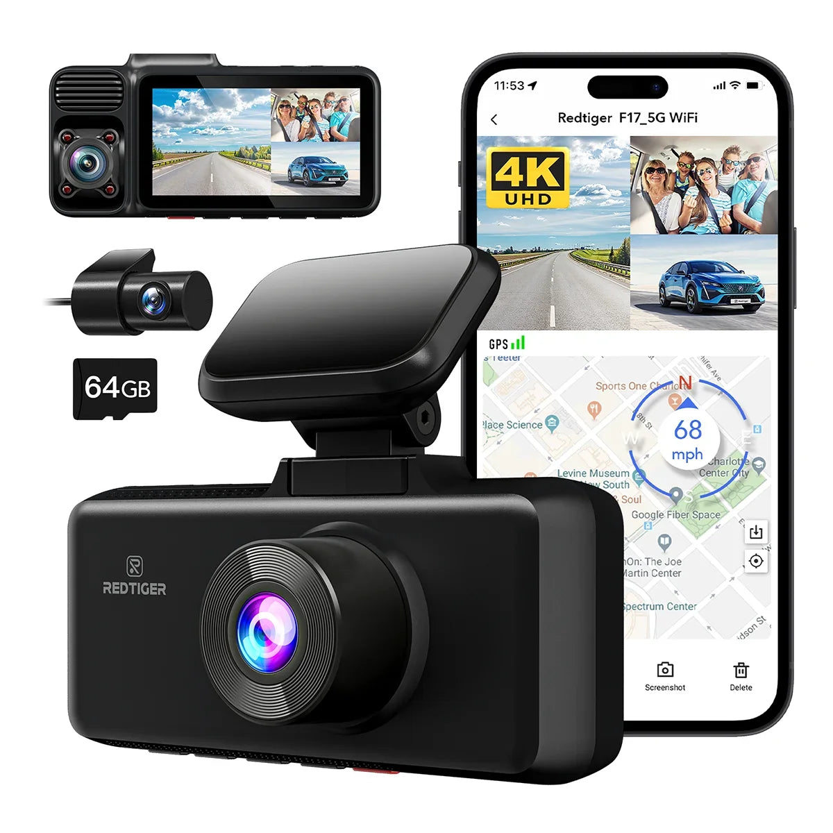 REDTIGER Dash Cam 3 Channel, DashCam Front and Rear with 5G WiFi GPSize, Dash Camera Three Way with 3 inch IPSize Sizecreen Free 64GB Card, Triple Car Camera with IR Night Vision, Vehicle